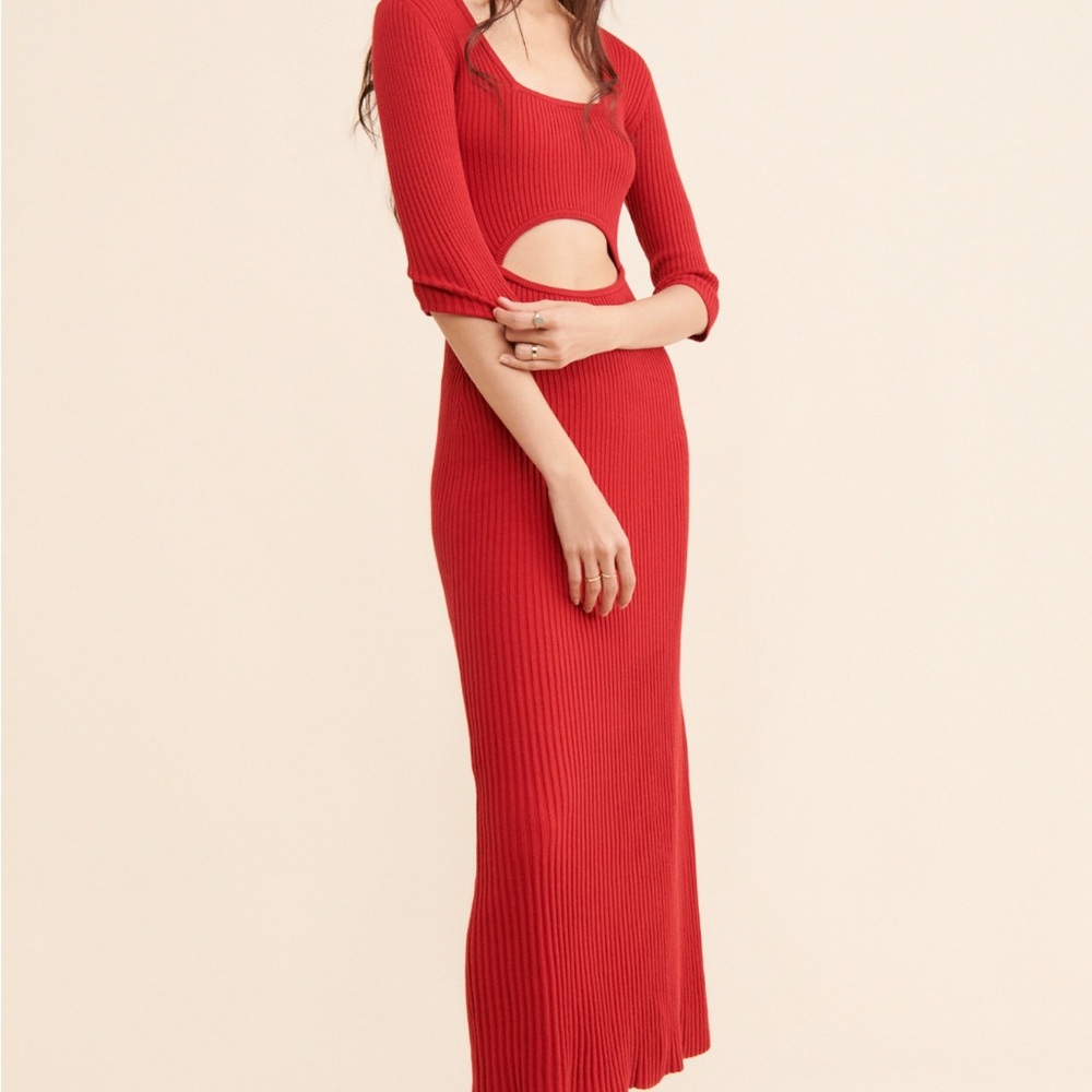 Red Ribbed Cutout Maxi Dress